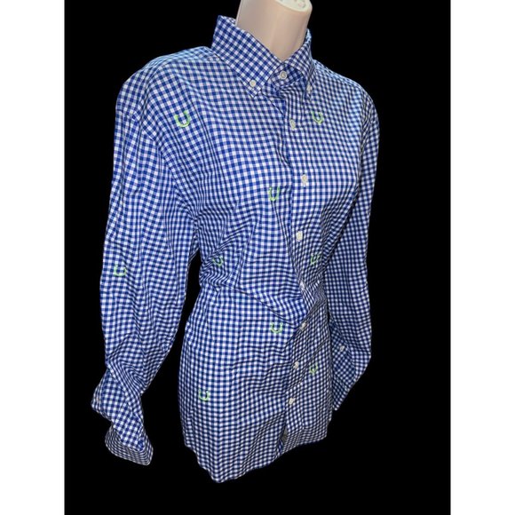 Vineyard Vines Mens MD Kentucky Derby‎ Keeneland Blue Gingham Horseshoe Logo - Picture 2 of 9